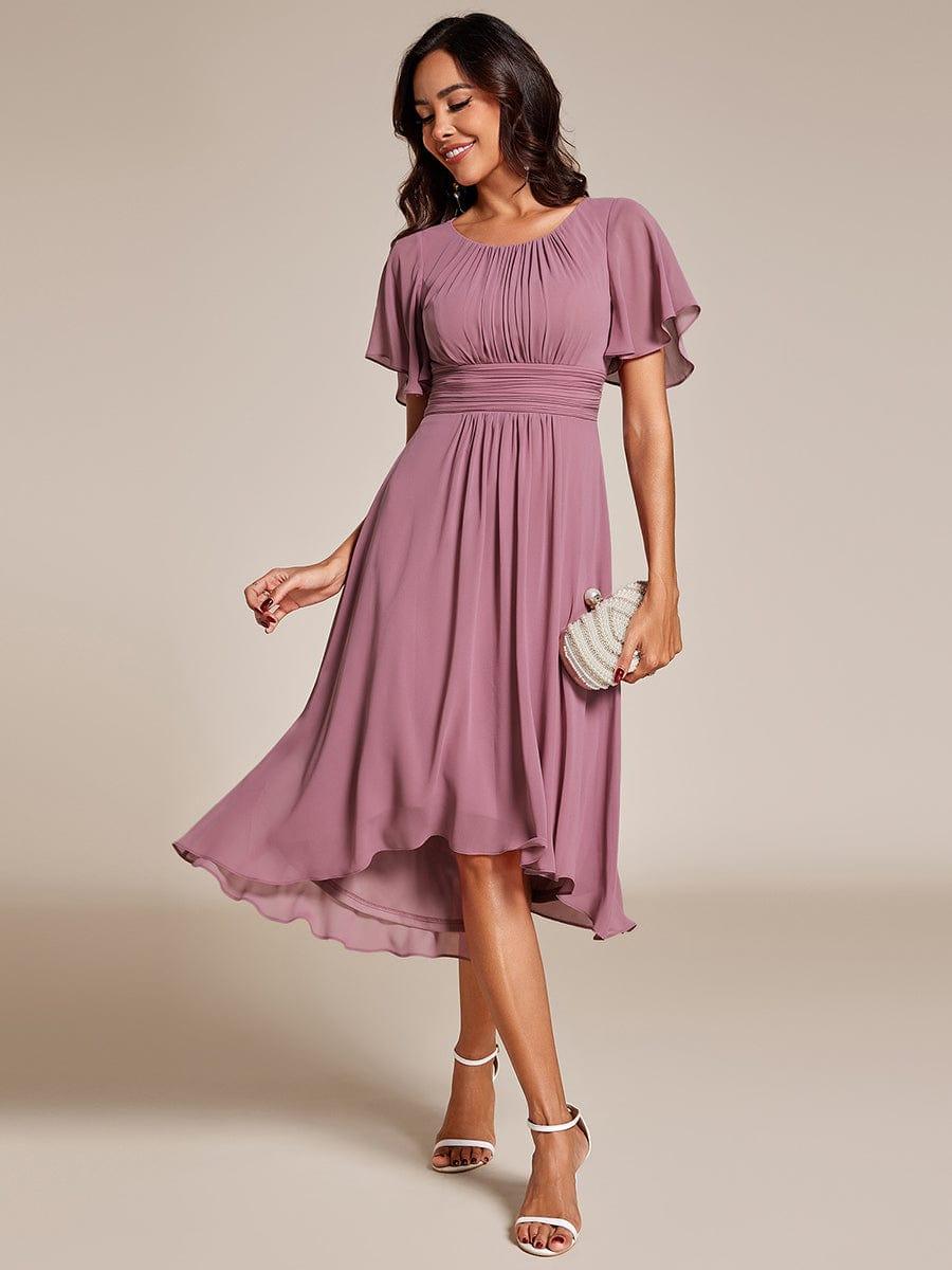 Flowy Chiffon Round Neckline A-Line Knee Length Wedding Guest Dress #color_Purple Orchid