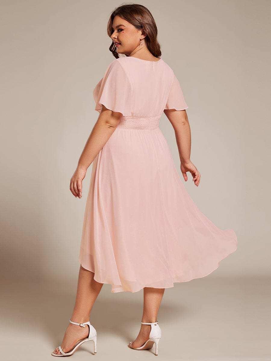 Plus Size Pleated Round Neckline A-Line Midi Chiffon Wedding Guest Dress #color_Pink