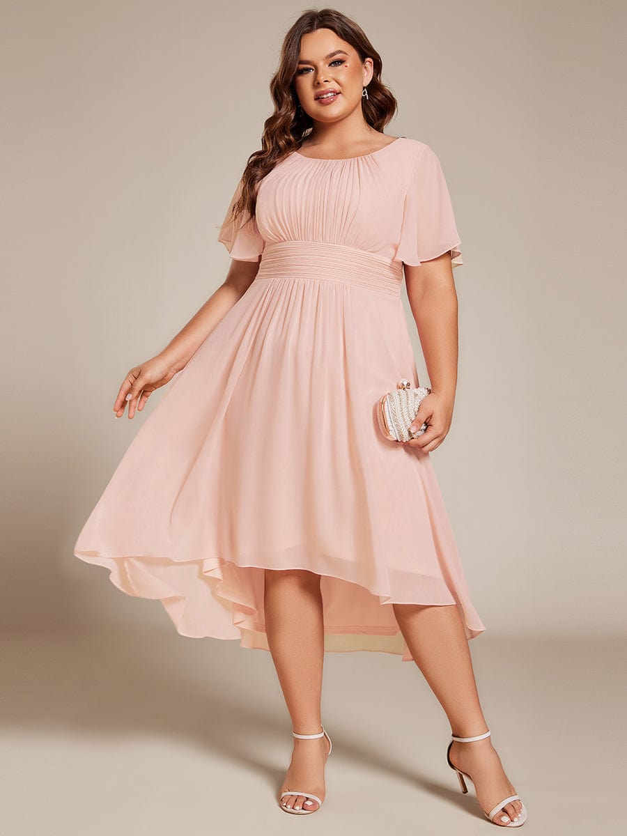 Plus Size Pleated Round Neckline A-Line Midi Chiffon Wedding Guest Dress #color_Pink