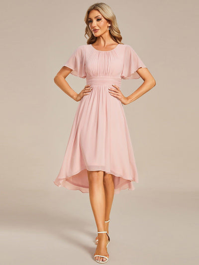 Flowy Chiffon Round Neckline A-Line Knee Length Wedding Guest Dress #color_Pink