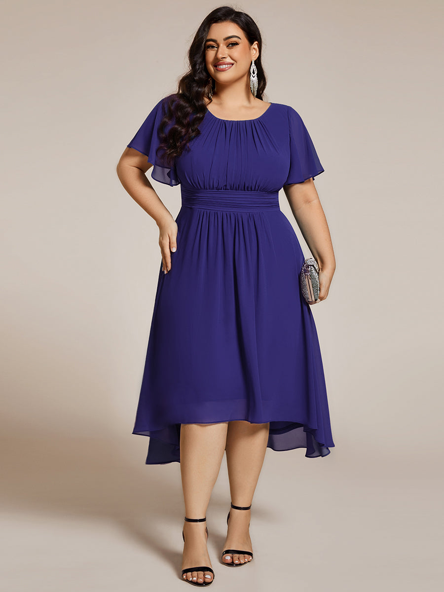 Plus Size Pleated Round Neckline A-Line Midi Chiffon Wedding Guest Dress #color_Sapphire Blue