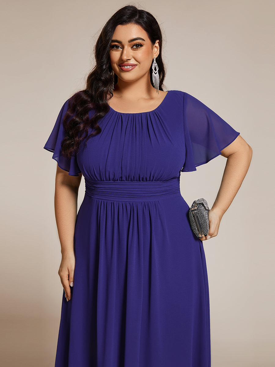 Plus Size Pleated Round Neckline A-Line Midi Chiffon Wedding Guest Dress #color_Sapphire Blue