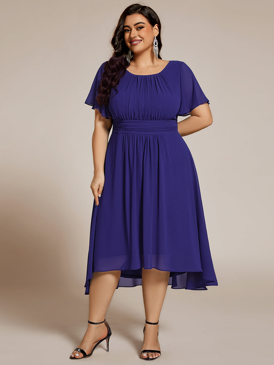 Plus Size Pleated Round Neckline A-Line Midi Chiffon Wedding Guest Dress #color_Sapphire Blue