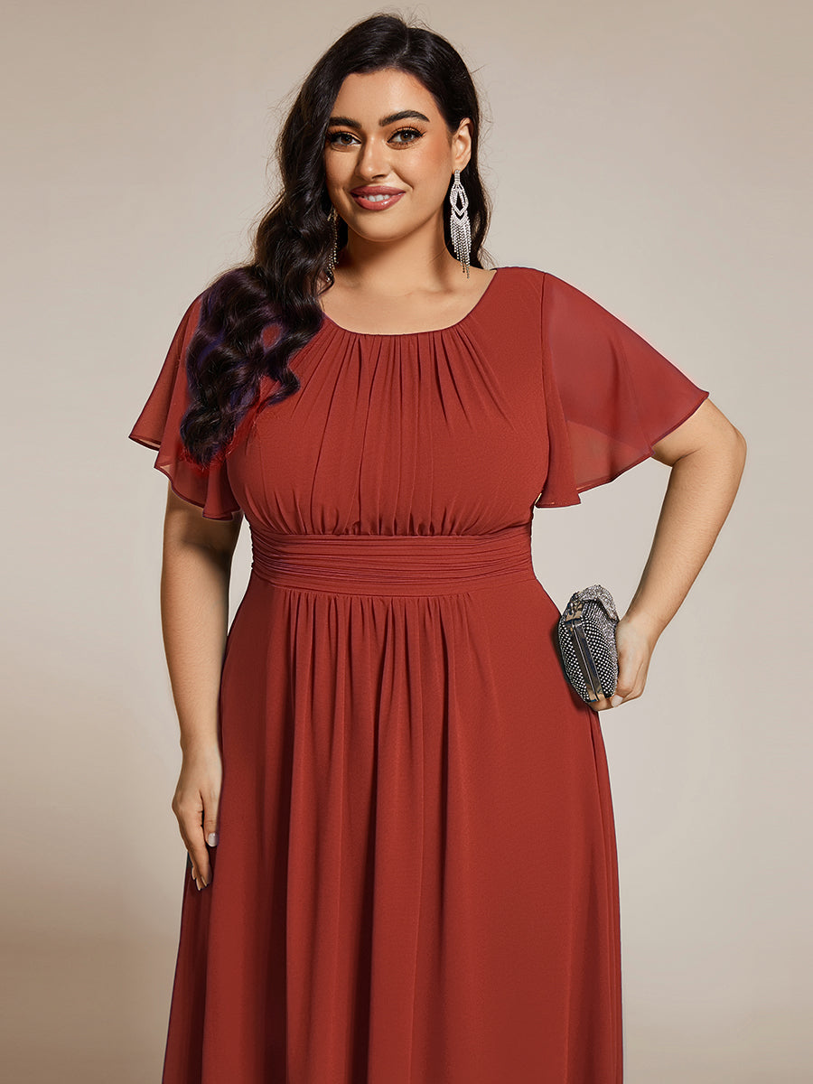 Plus Size Pleated Round Neckline A-Line Midi Chiffon Wedding Guest Dress #color_Vermilion