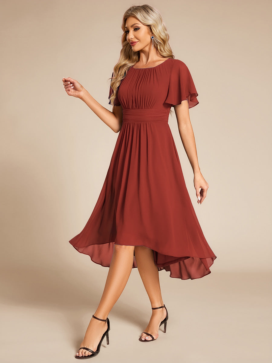 Chic A-Line Pleated Knee-Length Flowy Chiffon Wedding Guest Dress #color_Vermilion