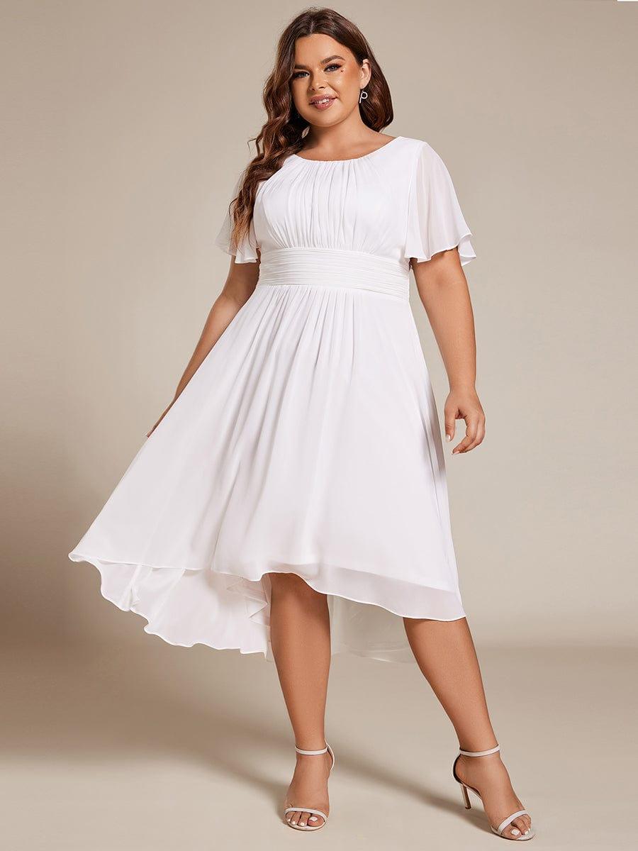 Plus Size Pleated Round Neckline A-Line Midi Chiffon Wedding Guest Dress #color_White