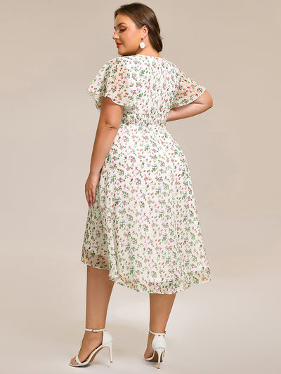 Plus Size Pleated Round Neckline A-Line Midi Chiffon Wedding Guest Dress #color_White Floral