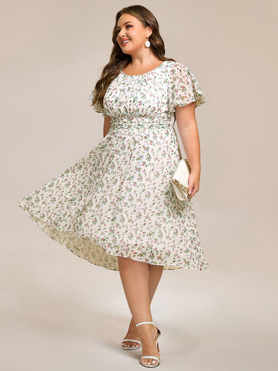 Plus Size Pleated Round Neckline A-Line Midi Chiffon Wedding Guest Dress #color_White Floral