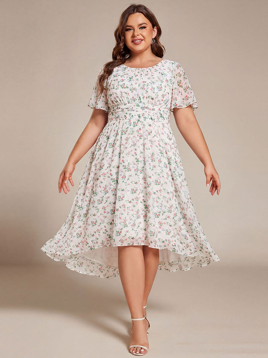 Chic A-Line Pleated Knee-Length Flowy Chiffon Wedding Guest Dress #color_White Floral