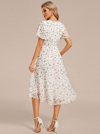Chic A-Line Pleated Knee-Length Flowy Chiffon Wedding Guest Dress #color_White Floral