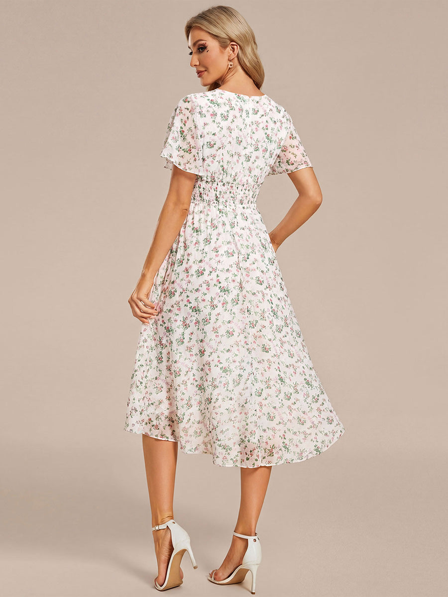Chic A-Line Pleated Knee-Length Flowy Chiffon Wedding Guest Dress #color_White Floral