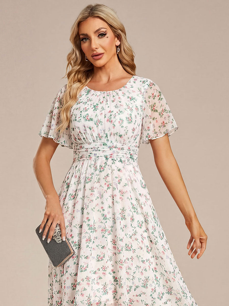 Chic A-Line Pleated Knee-Length Flowy Chiffon Wedding Guest Dress #color_White Floral