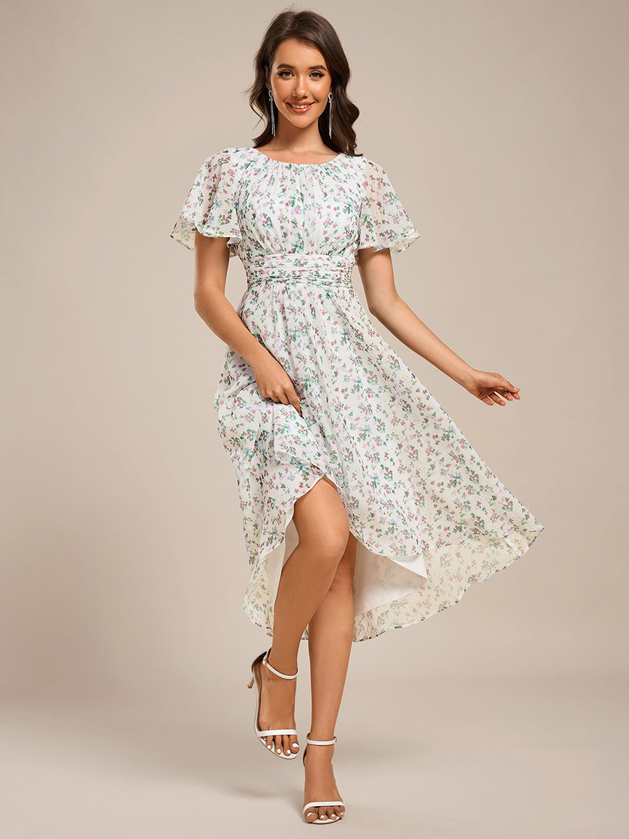 Chic A-Line Pleated Knee-Length Flowy Chiffon Wedding Guest Dress #color_White Floral