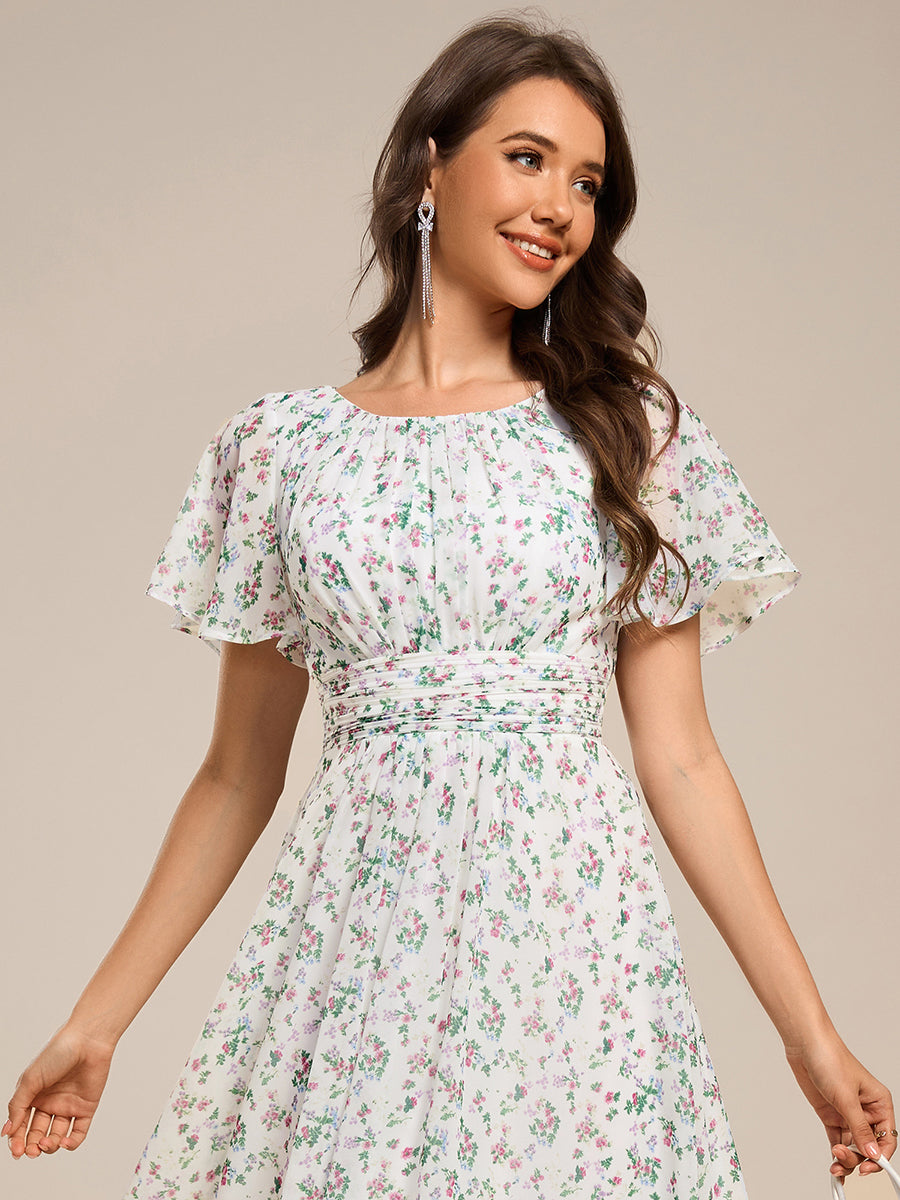 Chic A-Line Pleated Knee-Length Flowy Chiffon Wedding Guest Dress #color_White Floral