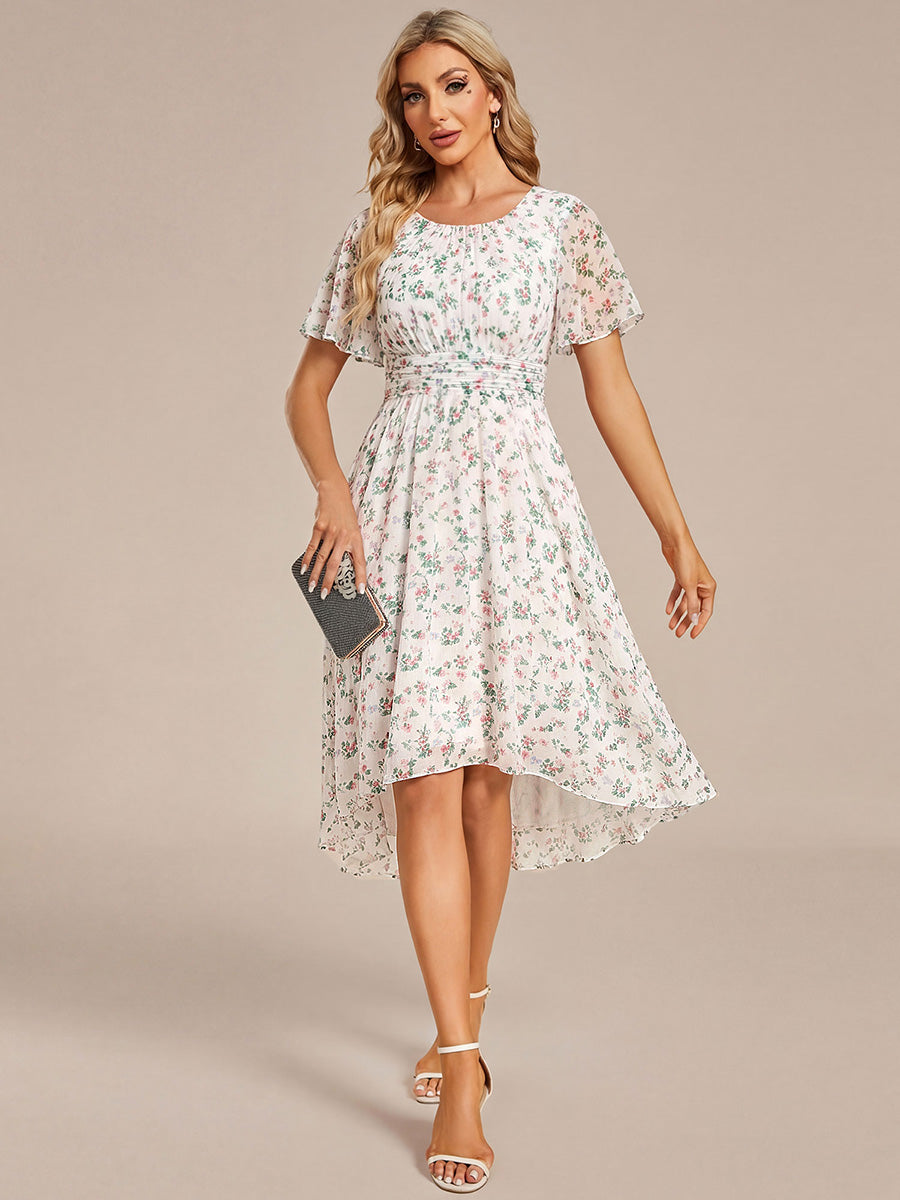 Chic A-Line Pleated Knee-Length Flowy Chiffon Wedding Guest Dress #color_White Floral