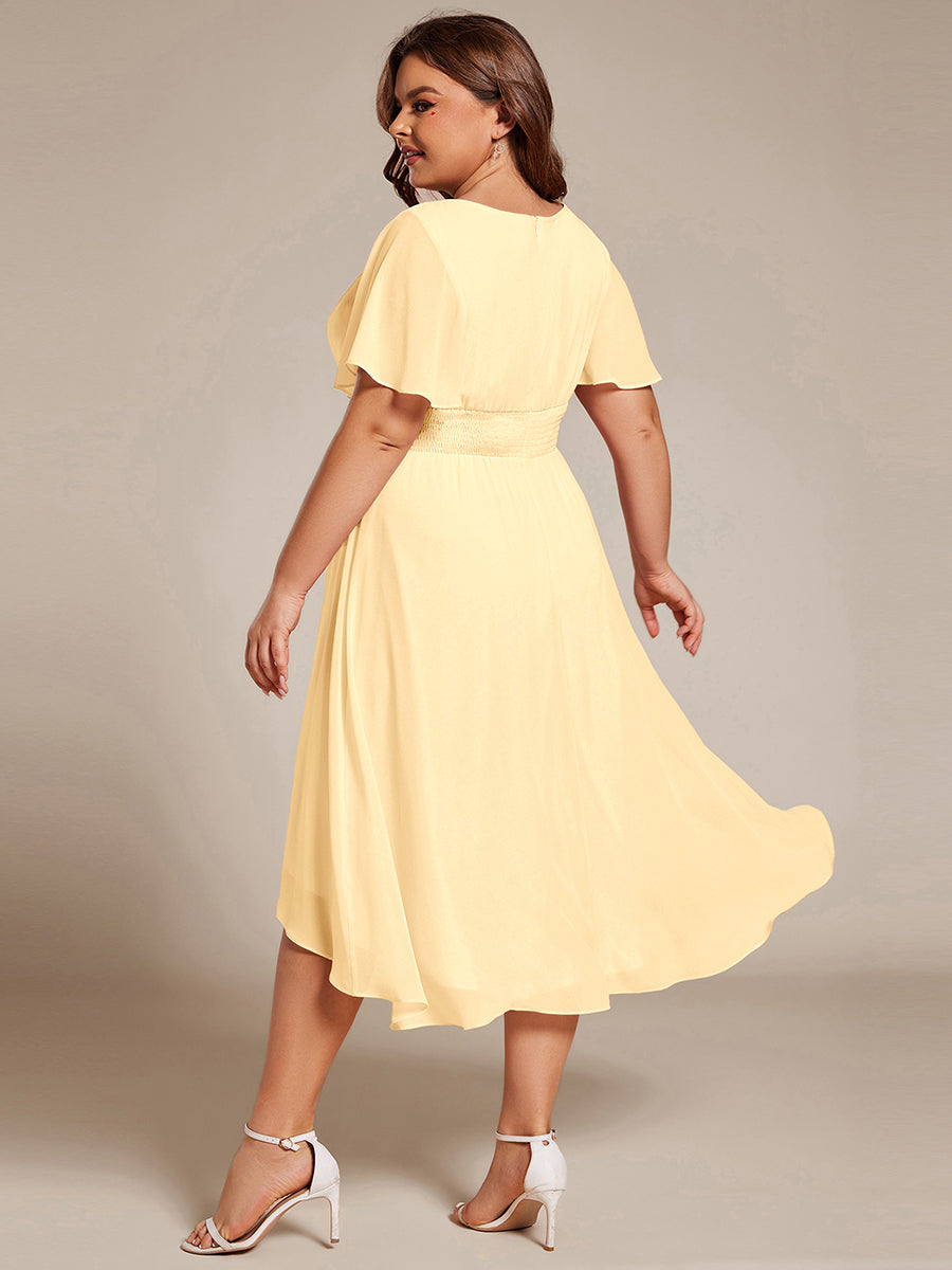 Plus Size Pleated Round Neckline A-Line Midi Chiffon Wedding Guest Dress #color_Yellow