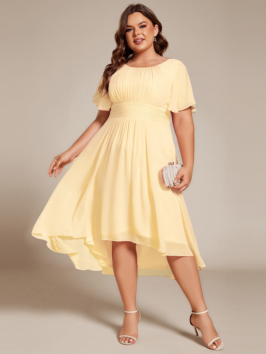 Plus Size Pleated Round Neckline A-Line Midi Chiffon Wedding Guest Dress #color_Yellow