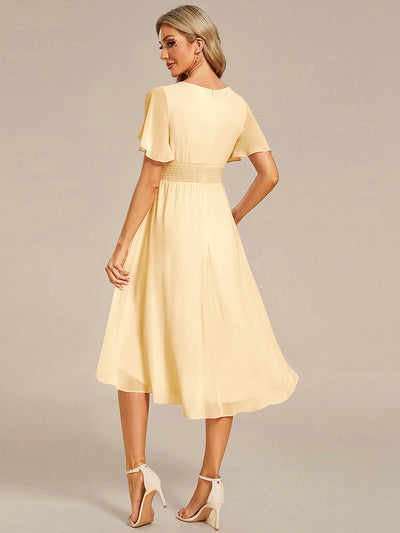 Flowy Chiffon Round Neckline A-Line Knee Length Wedding Guest Dress #color_Yellow