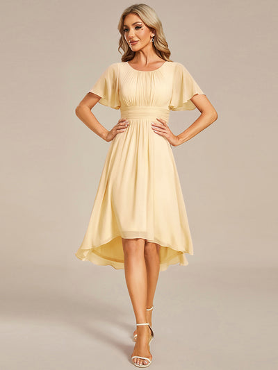Flowy Chiffon Round Neckline A-Line Knee Length Wedding Guest Dress #color_Yellow