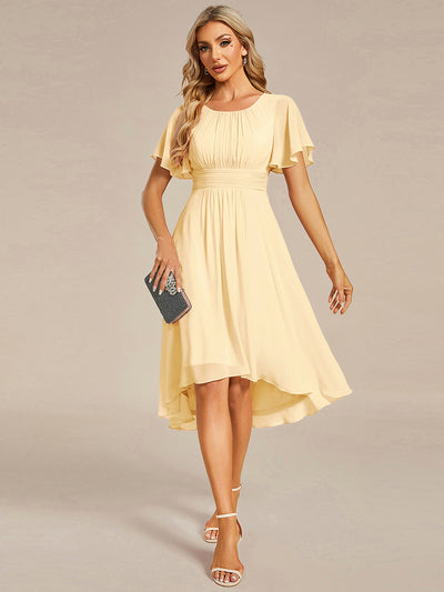 Flowy Chiffon Round Neckline A-Line Knee Length Wedding Guest Dress #color_Yellow
