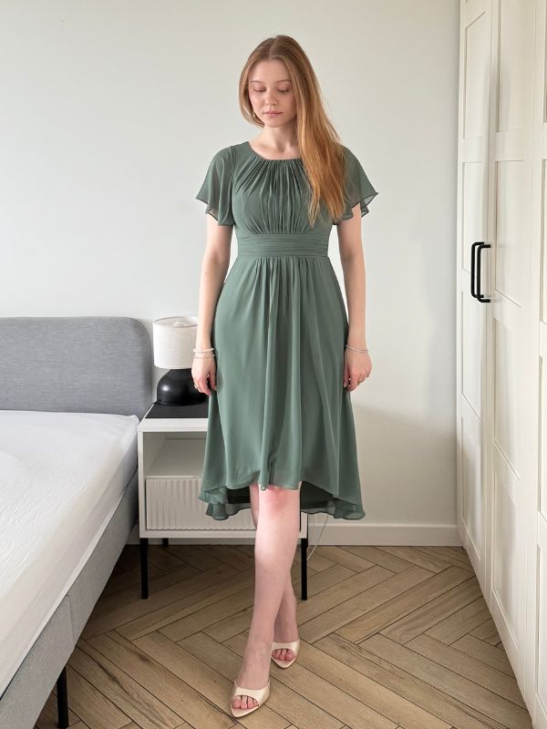 pretty EDEN|Plus Size Pleated Round Neckline A-Line Midi Chiffon Wedding Guest Dress Fan Photos 4
