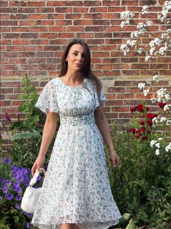 pretty EDEN|Plus Size Pleated Round Neckline A-Line Midi Chiffon Wedding Guest Dress Fan Photos 14
