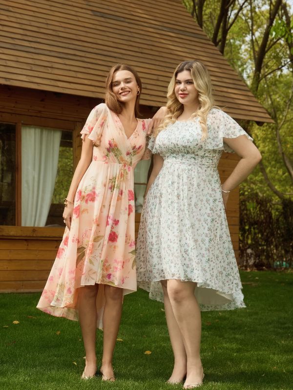 pretty EDEN|Plus Size Pleated Round Neckline A-Line Midi Chiffon Wedding Guest Dress Fan Photos 13
