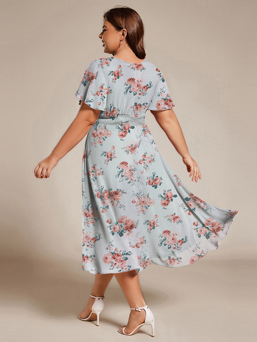 Plus Size Pleated Round Neckline A-Line Midi Chiffon Wedding Guest Dress #color_Amber Bloom