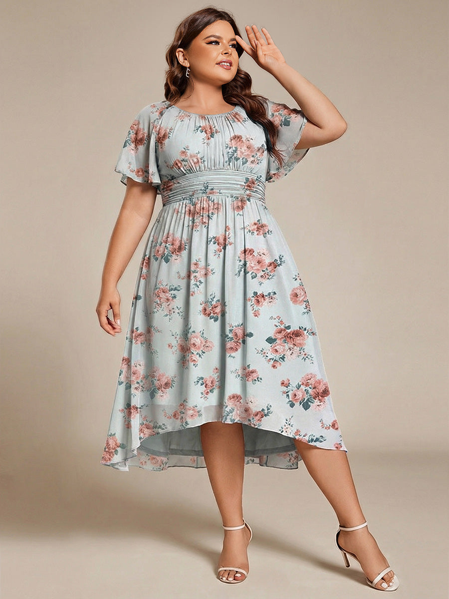 Plus Size Pleated Round Neckline A-Line Midi Chiffon Wedding Guest Dress #color_Amber Bloom