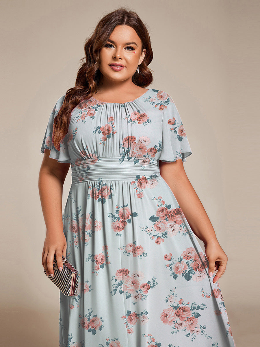 Plus Size Pleated Round Neckline A-Line Midi Chiffon Wedding Guest Dress #color_Amber Bloom