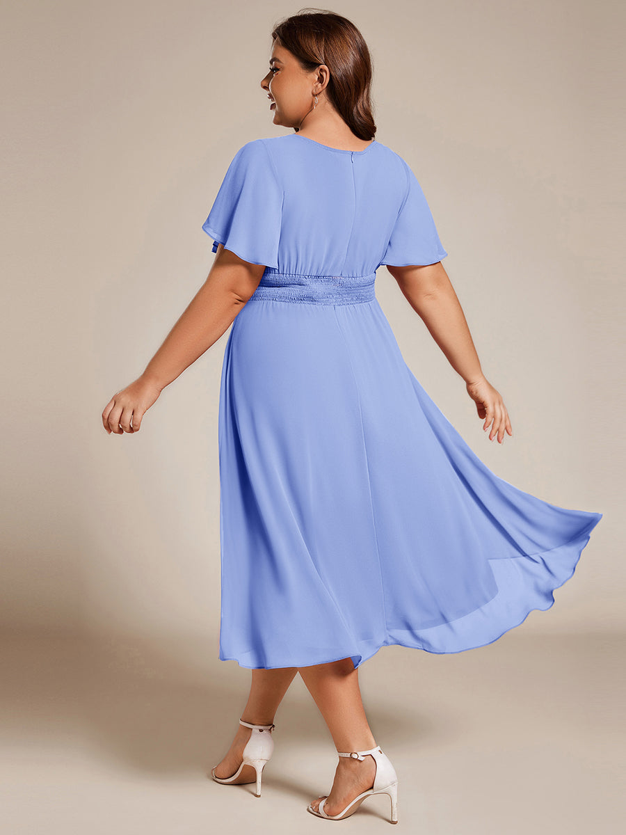 Flowy Chiffon Round Neckline A-Line Knee Length Wedding Guest Dress #color_CornflowerBlue