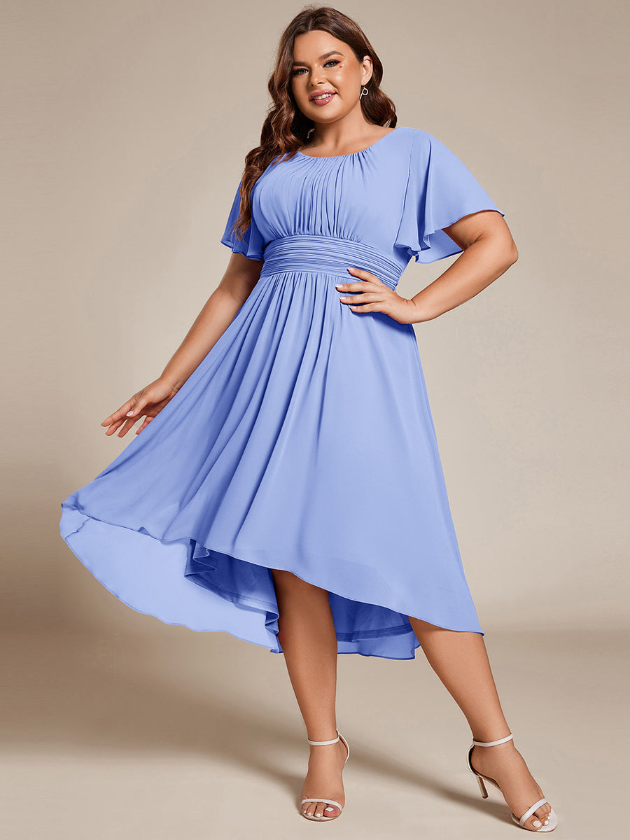 Flowy Chiffon Round Neckline A-Line Knee Length Wedding Guest Dress #color_CornflowerBlue