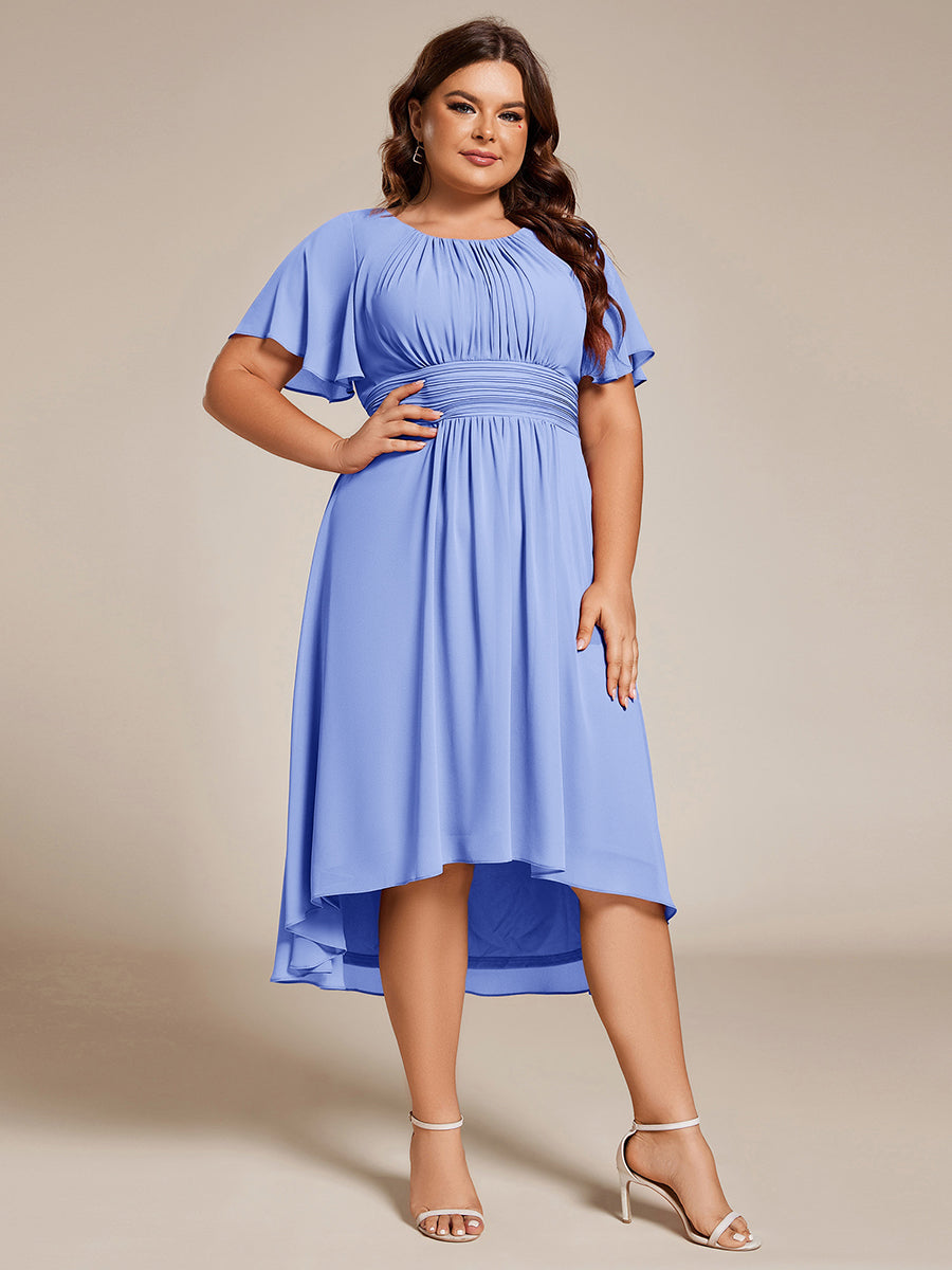 Flowy Chiffon Round Neckline A-Line Knee Length Wedding Guest Dress #color_CornflowerBlue