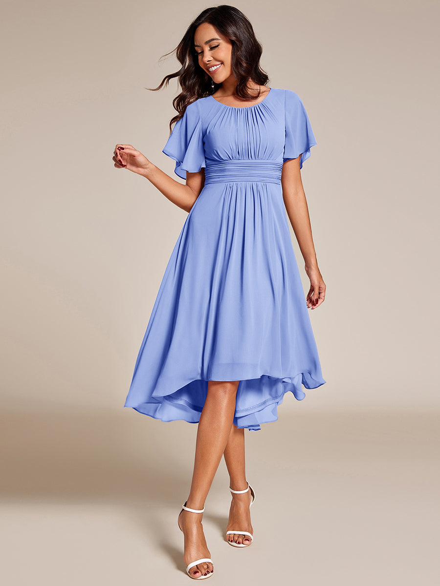 Flowy Chiffon Round Neckline A-Line Knee Length Wedding Guest Dress #color_CornflowerBlue