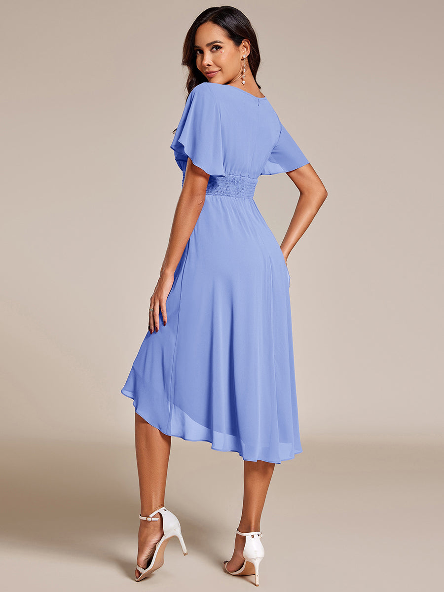 Flowy Chiffon Round Neckline A-Line Knee Length Wedding Guest Dress #color_CornflowerBlue