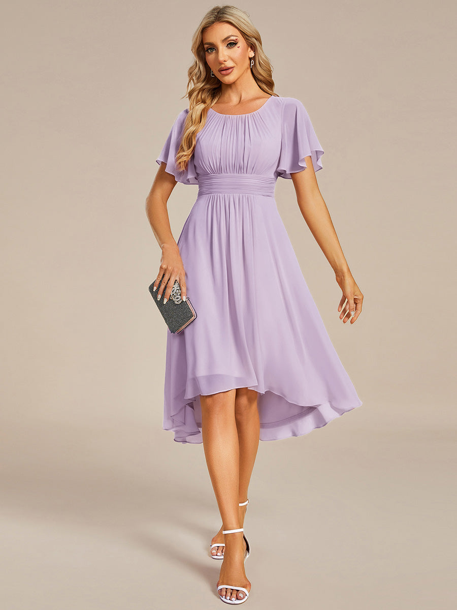 Flowy Chiffon Round Neckline A-Line Knee Length Wedding Guest Dress #color_Frosted Lilac