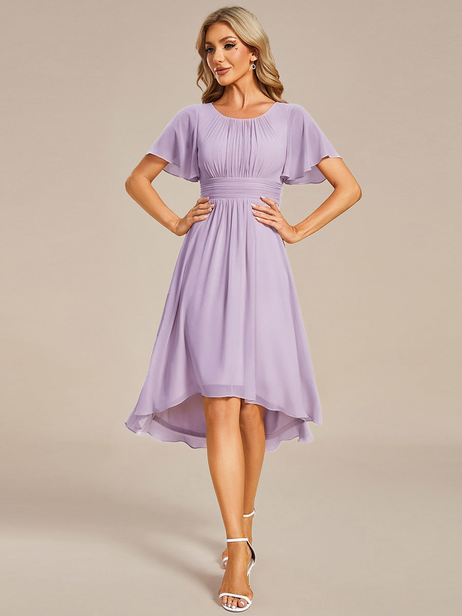 Flowy Chiffon Round Neckline A-Line Knee Length Wedding Guest Dress #color_Frosted Lilac