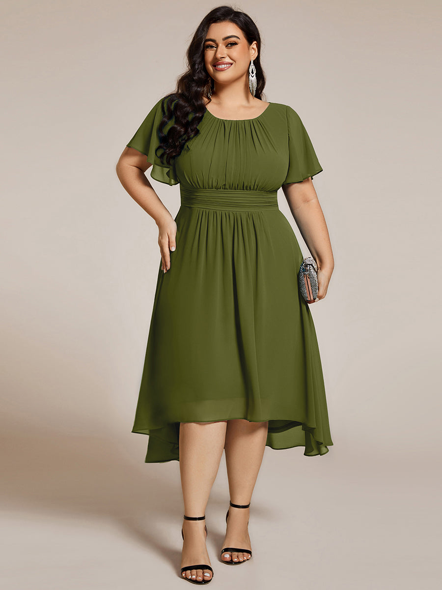 Flowy Chiffon Round Neckline A-Line Knee Length Wedding Guest Dress #color_Olive Green