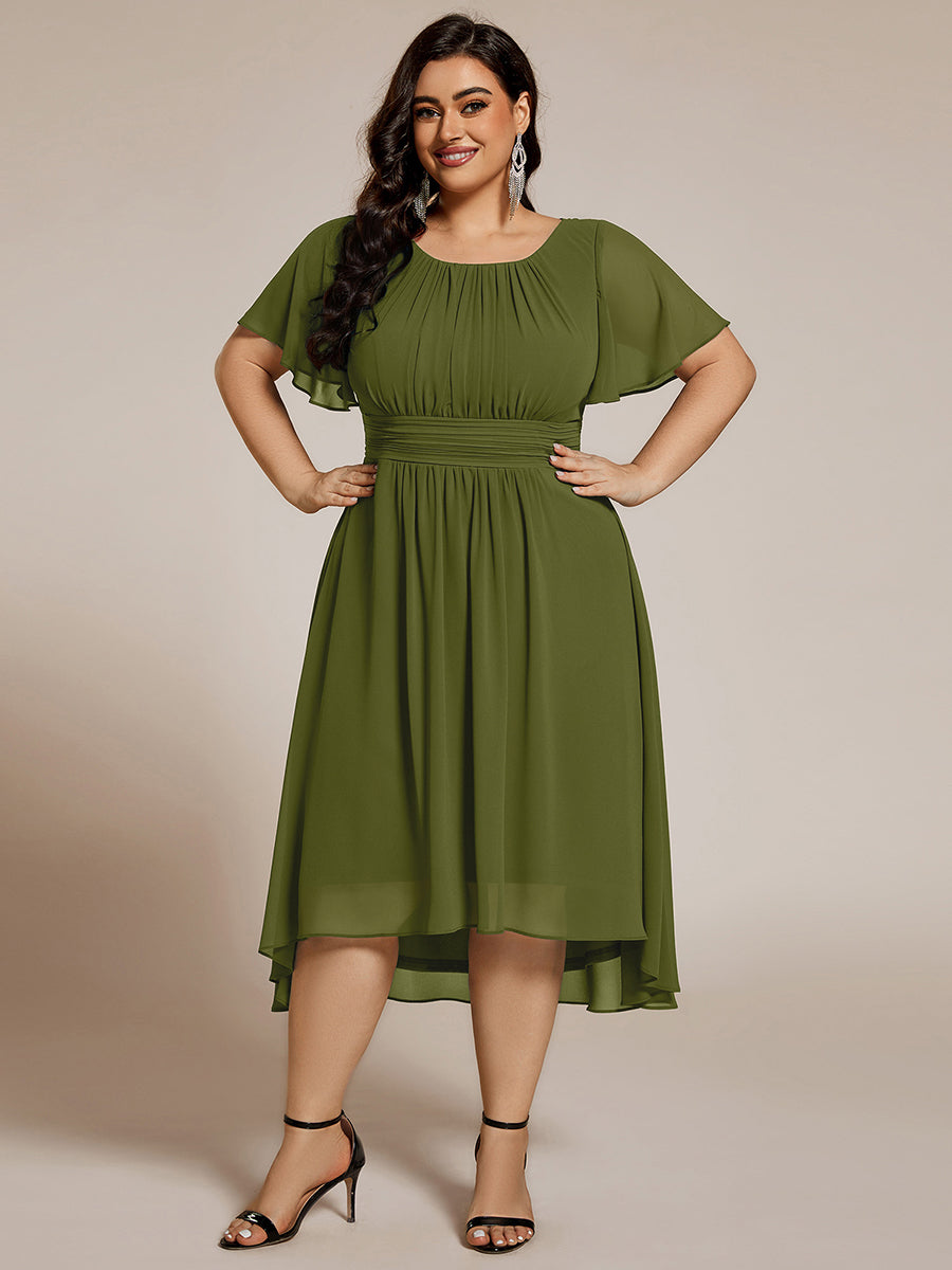 Plus Size Pleated Round Neckline A-Line Midi Chiffon Wedding Guest Dress #color_Olive Green