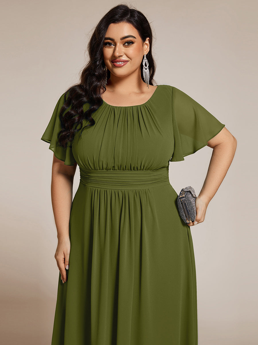 Flowy Chiffon Round Neckline A-Line Knee Length Wedding Guest Dress #color_Olive Green