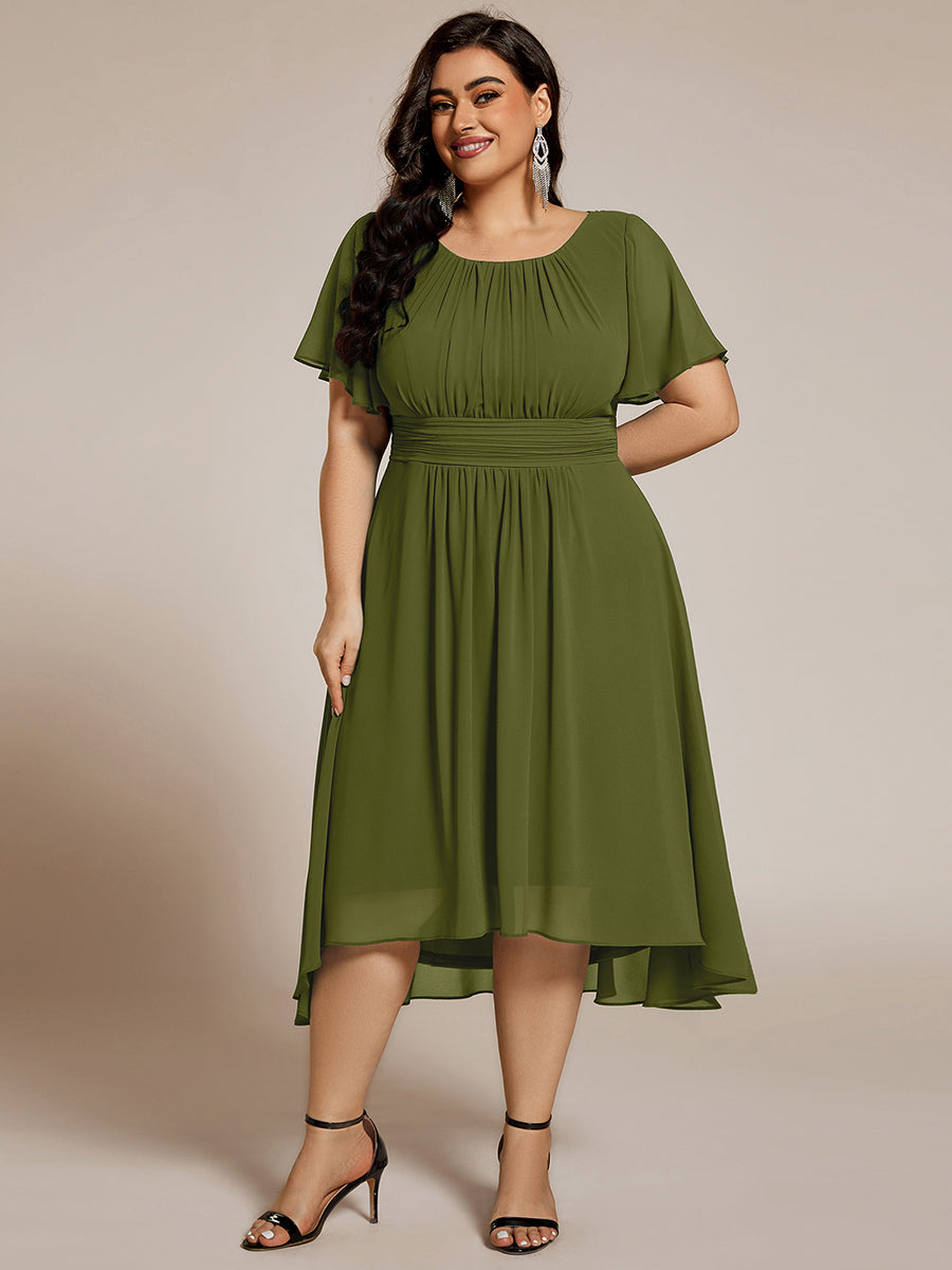Plus Size Pleated Round Neckline A-Line Midi Chiffon Wedding Guest Dress #color_Olive Green