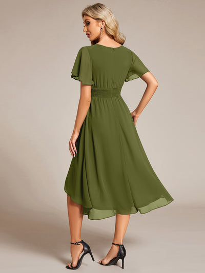 Flowy Chiffon Round Neckline A-Line Knee Length Wedding Guest Dress #color_Olive Green