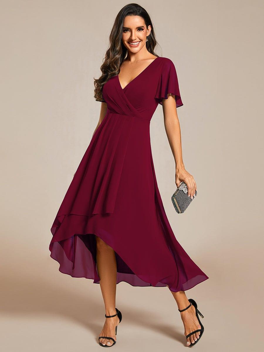 Ruffles Sleeve Pleated V-Neck A-Line Midi Chiffon Wedding Guest Dress #color_Burgundy