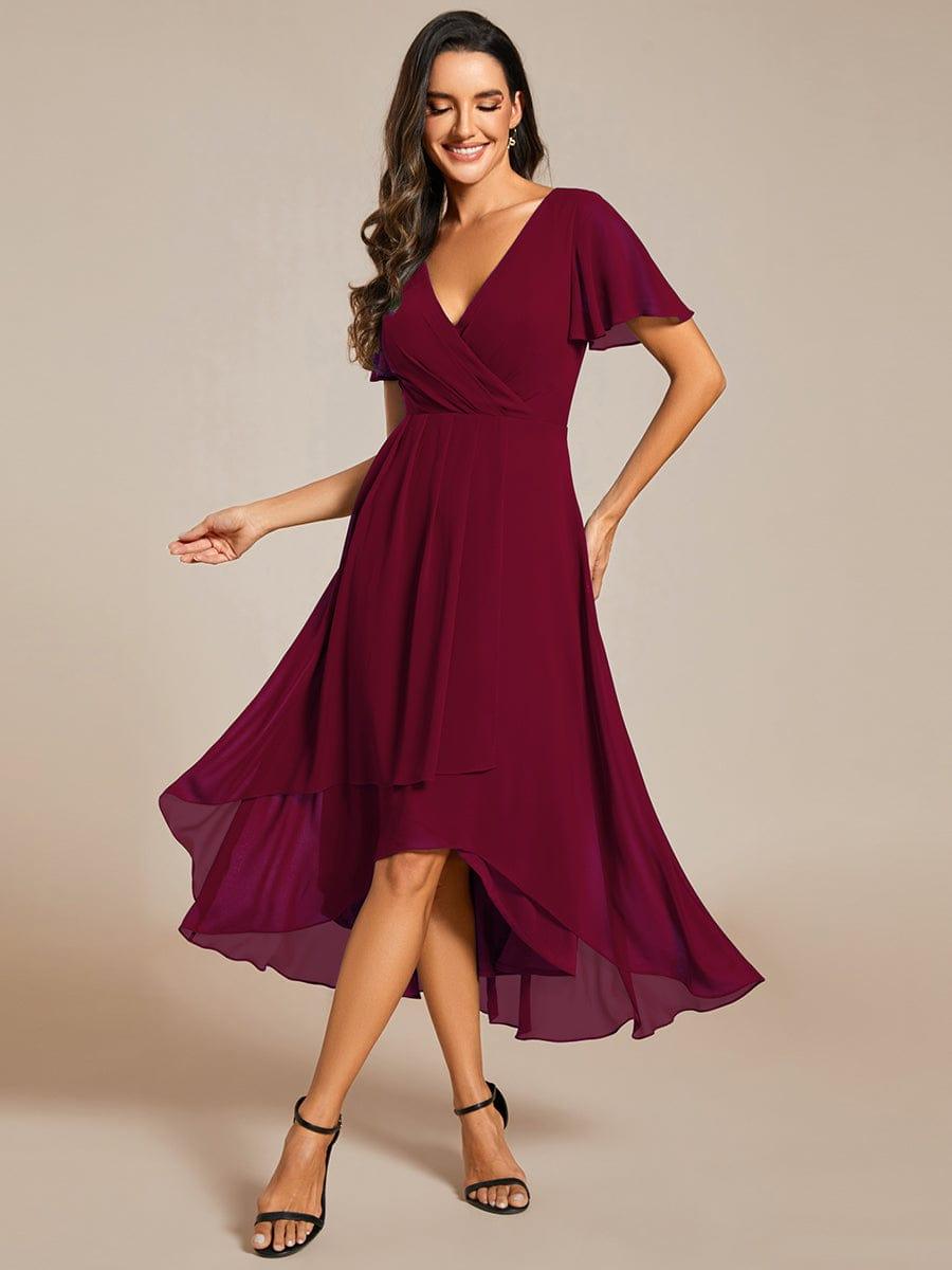 Ruffles Sleeve Pleated V-Neck A-Line Midi Chiffon Wedding Guest Dress #color_Burgundy