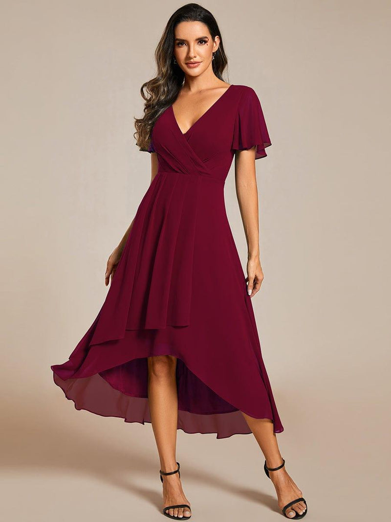 Empire Waist Ruffles Sleeve V-Neck Midi Chiffon Wedding Guest Dress
