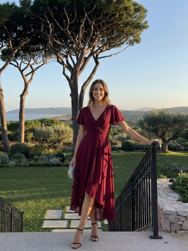 ever LARK|Pleated Chiffon Ruffles Sleeve Midi Semi Formal Dress Fan Photos 5
