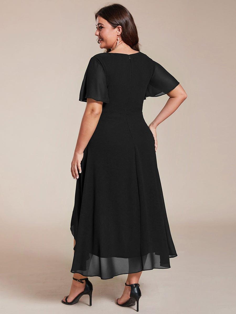 Ruffles Sleeve Pleated V-Neck A-Line Midi Chiffon Wedding Guest Dress #color_Black