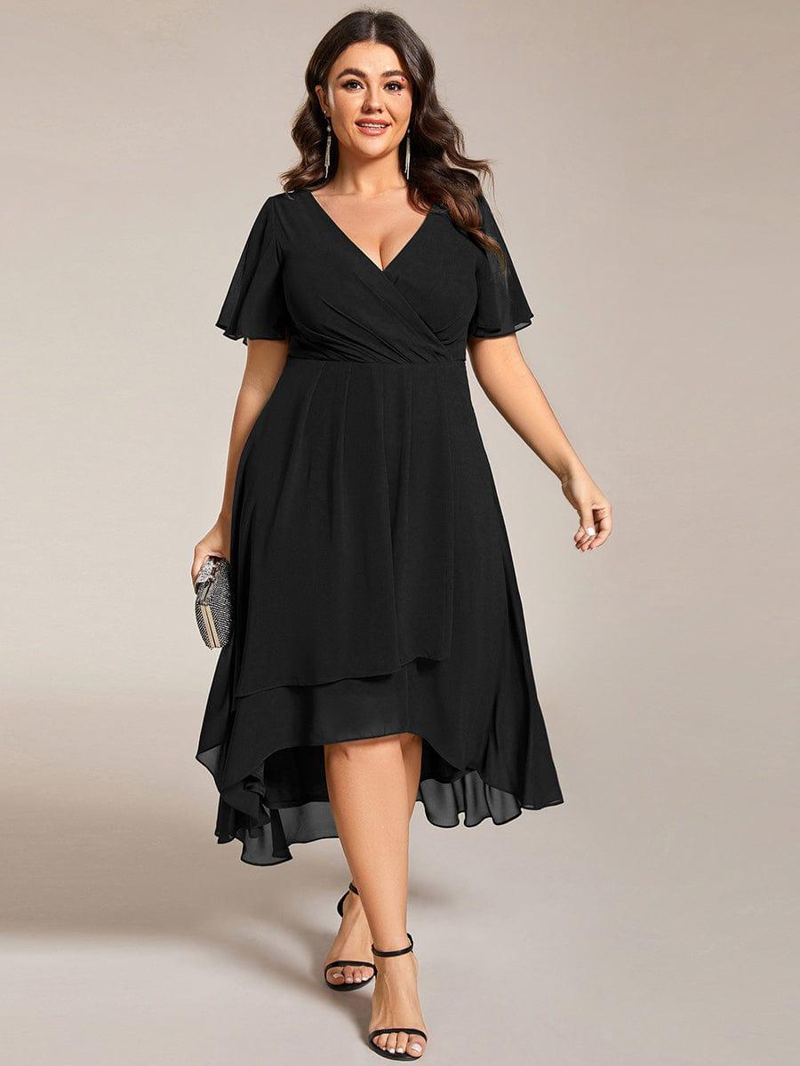 Ruffles Sleeve Pleated V-Neck A-Line Midi Chiffon Wedding Guest Dress #color_Black