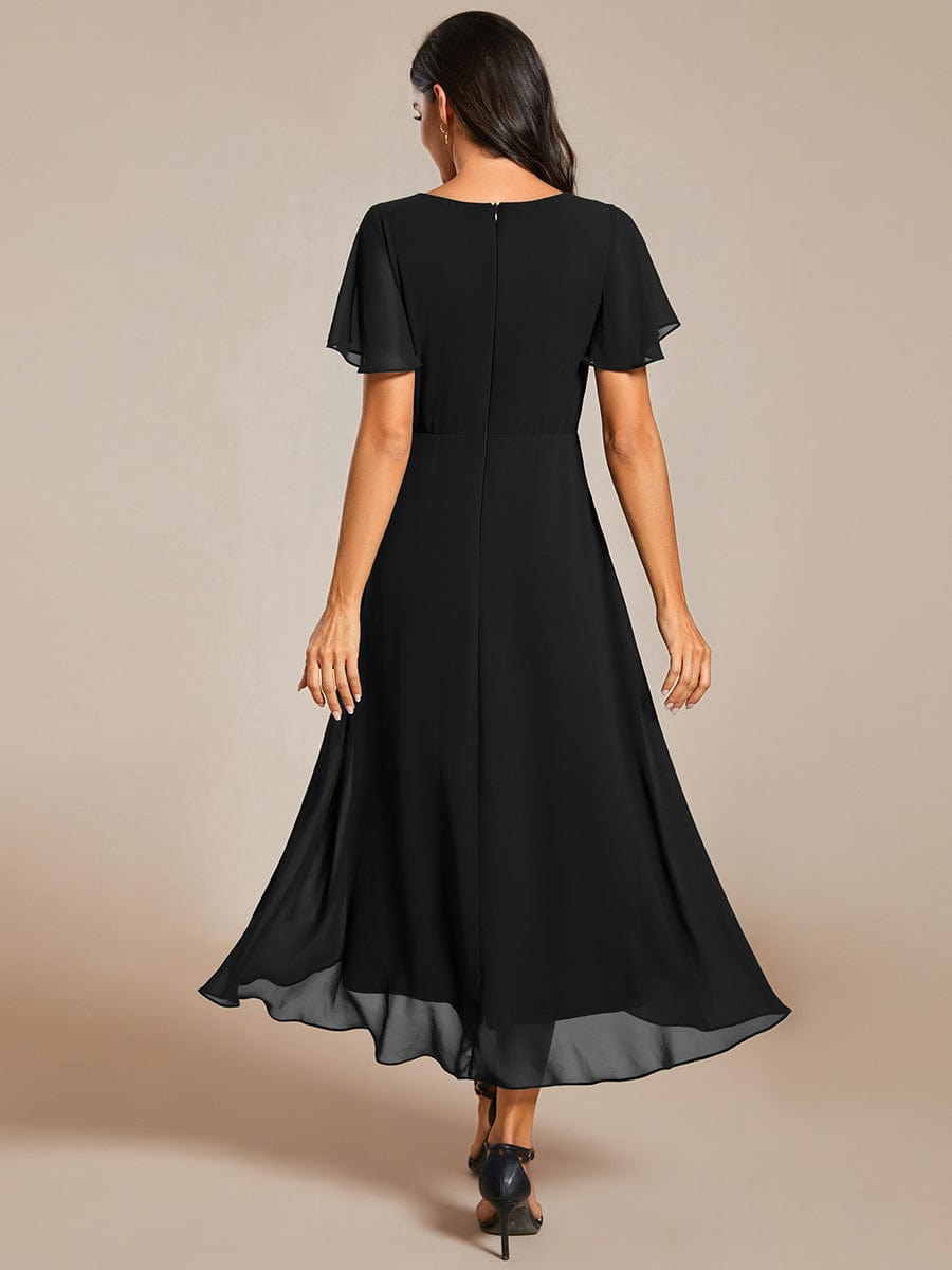 Custom Size Ruffles Sleeve Pleated V-Neck A-Line Midi Chiffon Wedding Guest Dress #color_Black