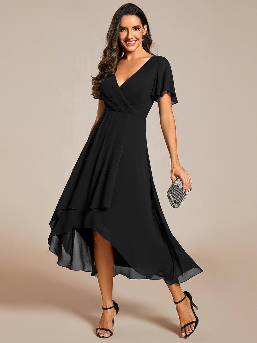 Ruffles Sleeve Pleated V-Neck A-Line Midi Chiffon Wedding Guest Dress #color_Black